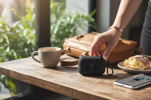 Prism Collective black silicone AirPods Pro case with embossed design and clip-on hook on a wooden cafe table