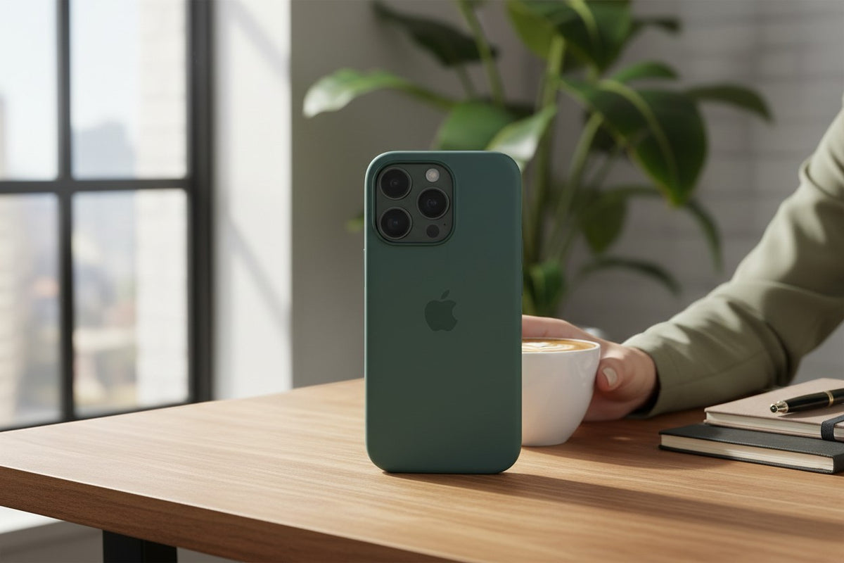 Prism Collective forest green silicone iPhone case with a soft-touch finish, displayed on a wooden desk.