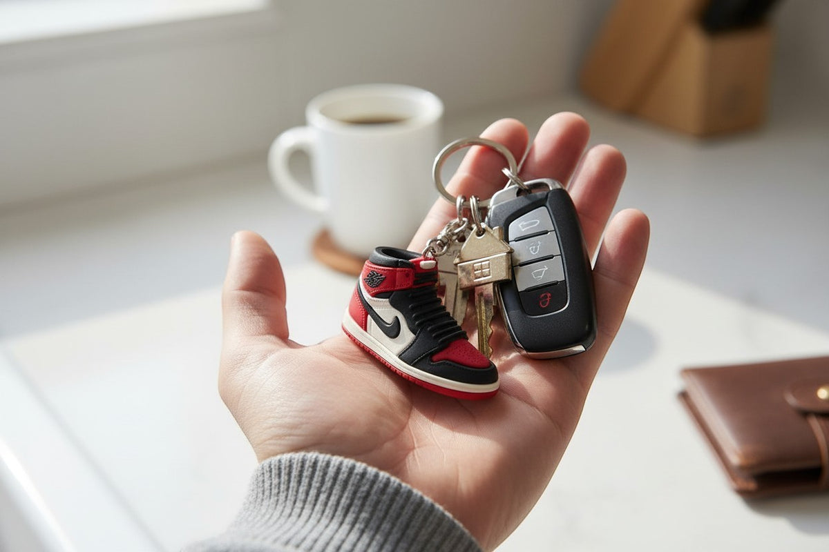 Prism Collective sneaker keychain shaped like a red, white, and black Jordan high-top shoe held in a hand with keys.