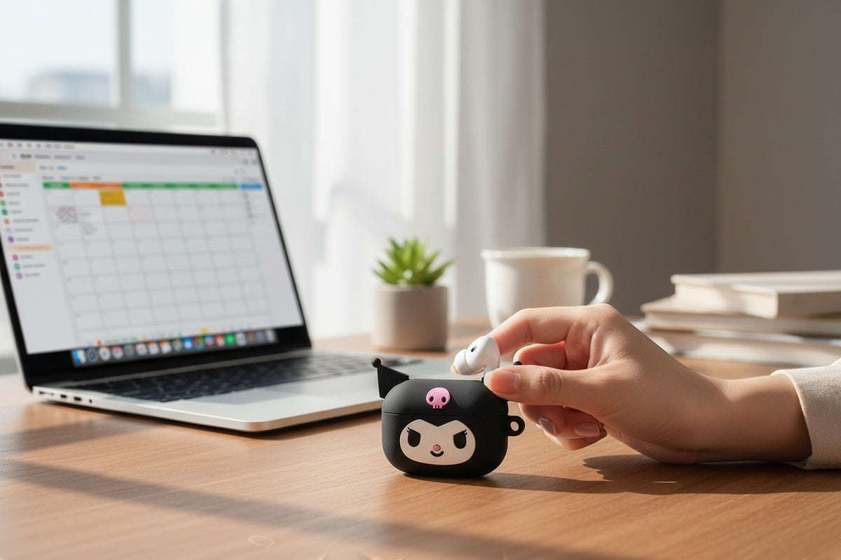 Prism Collective Kuromi AirPods Pro case in black with pink skull detail on a wooden desk next to a laptop