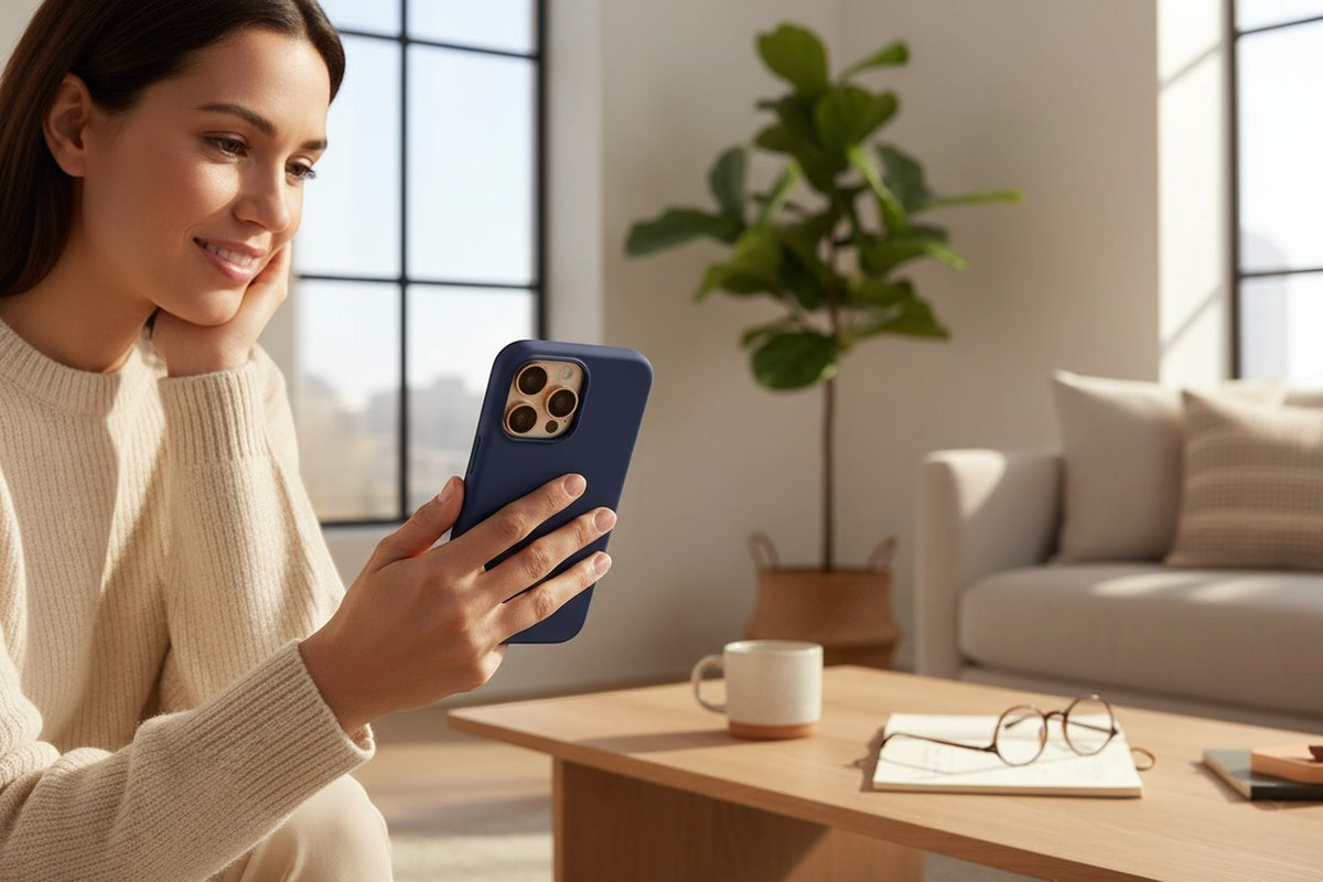 A woman holding a navy blue Prism Collective silicone iPhone case with a soft-touch finish in a bright living room.