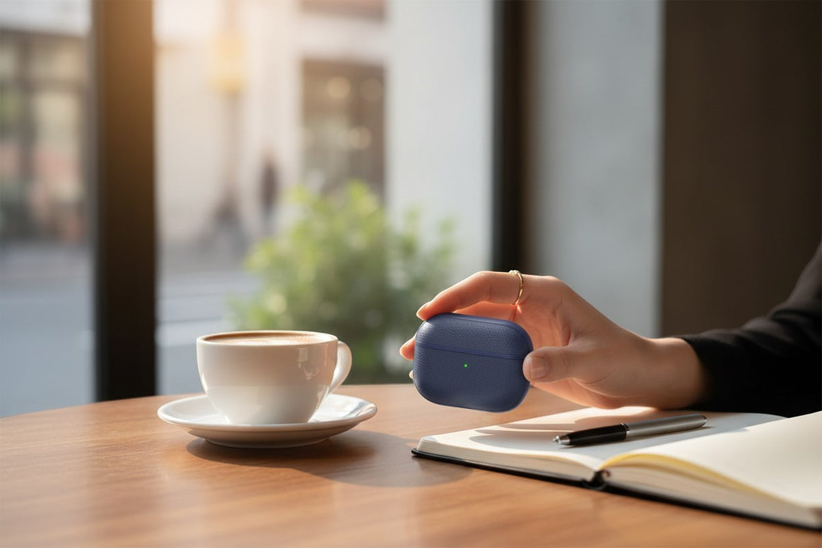 Prism Collective ocean blue textured AirPods Pro case held in a hand next to a coffee cup and notebook on a table.