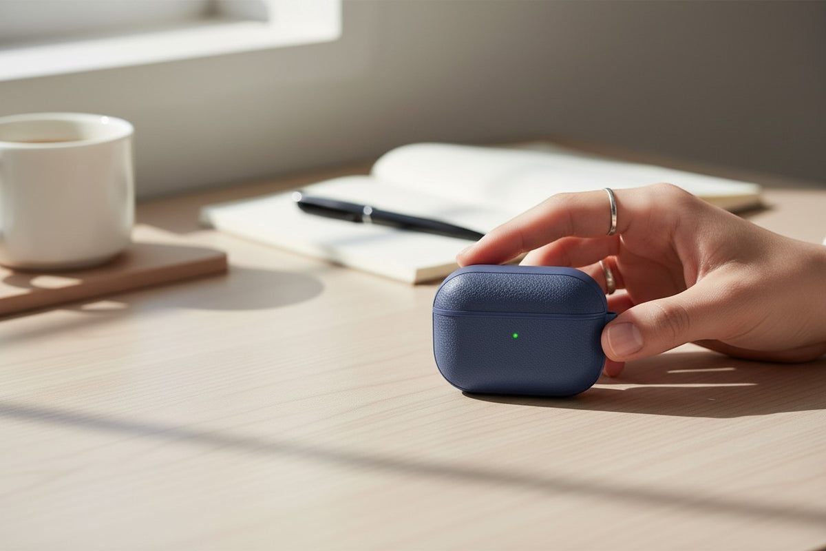 Prism Collective ocean blue AirPods Pro case with a textured finish held on a wooden desk with a notebook