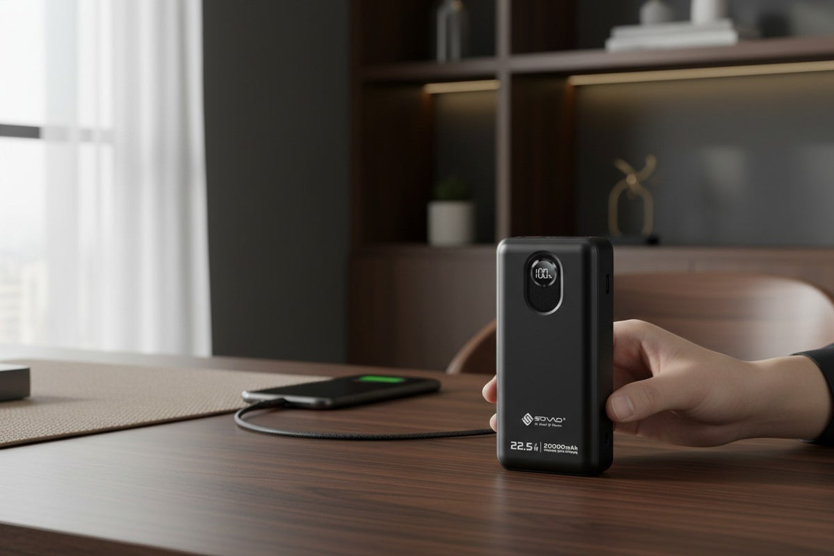 Prism Collective SOVO 22.5W fast charging power bank in black with digital display on a wooden desk