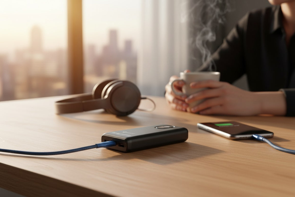Prism Collective SOVO 22.5W fast charging power bank connected to a smartphone on a wooden desk