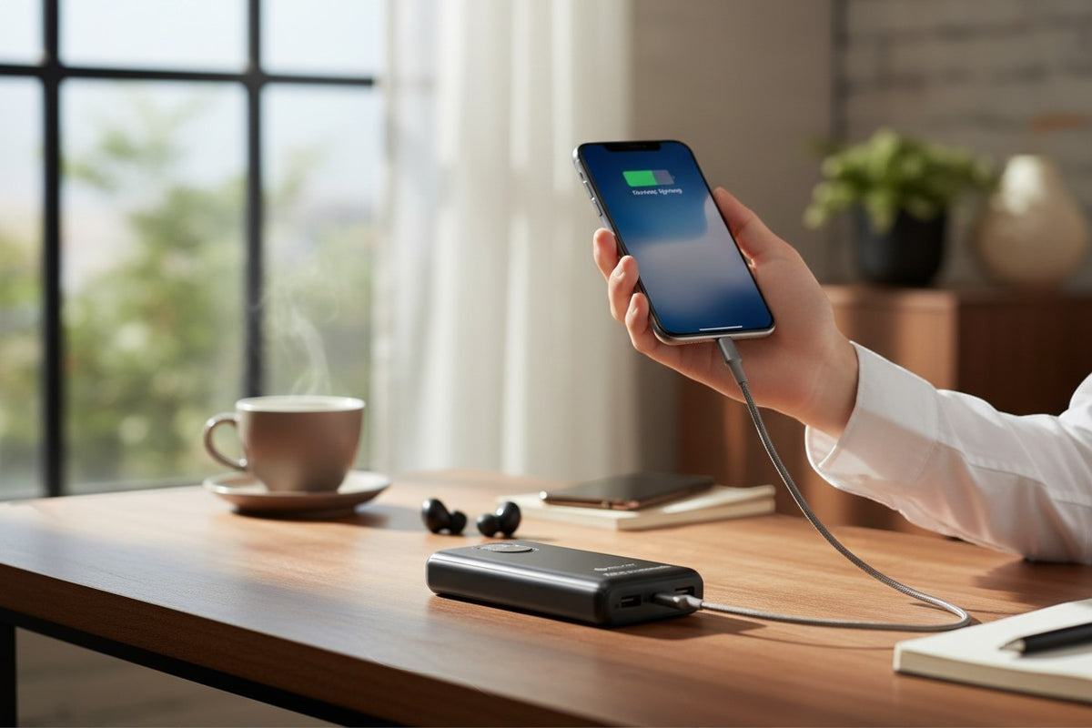 Prism Collective SOVO 22.5W fast charging power bank connected to a smartphone on a wooden office desk