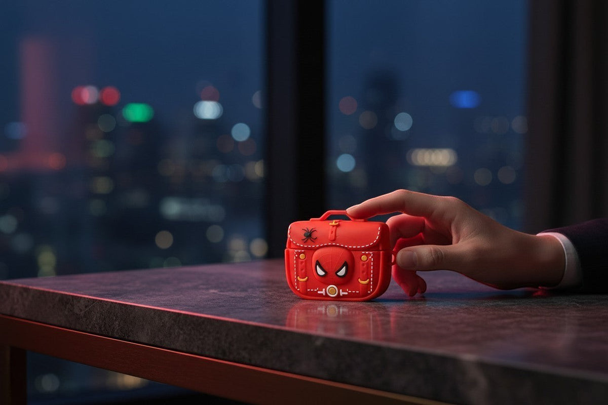 Prism Collective red Spiderman AirPods Pro case with iconic mask design and spider emblem on a desk at night