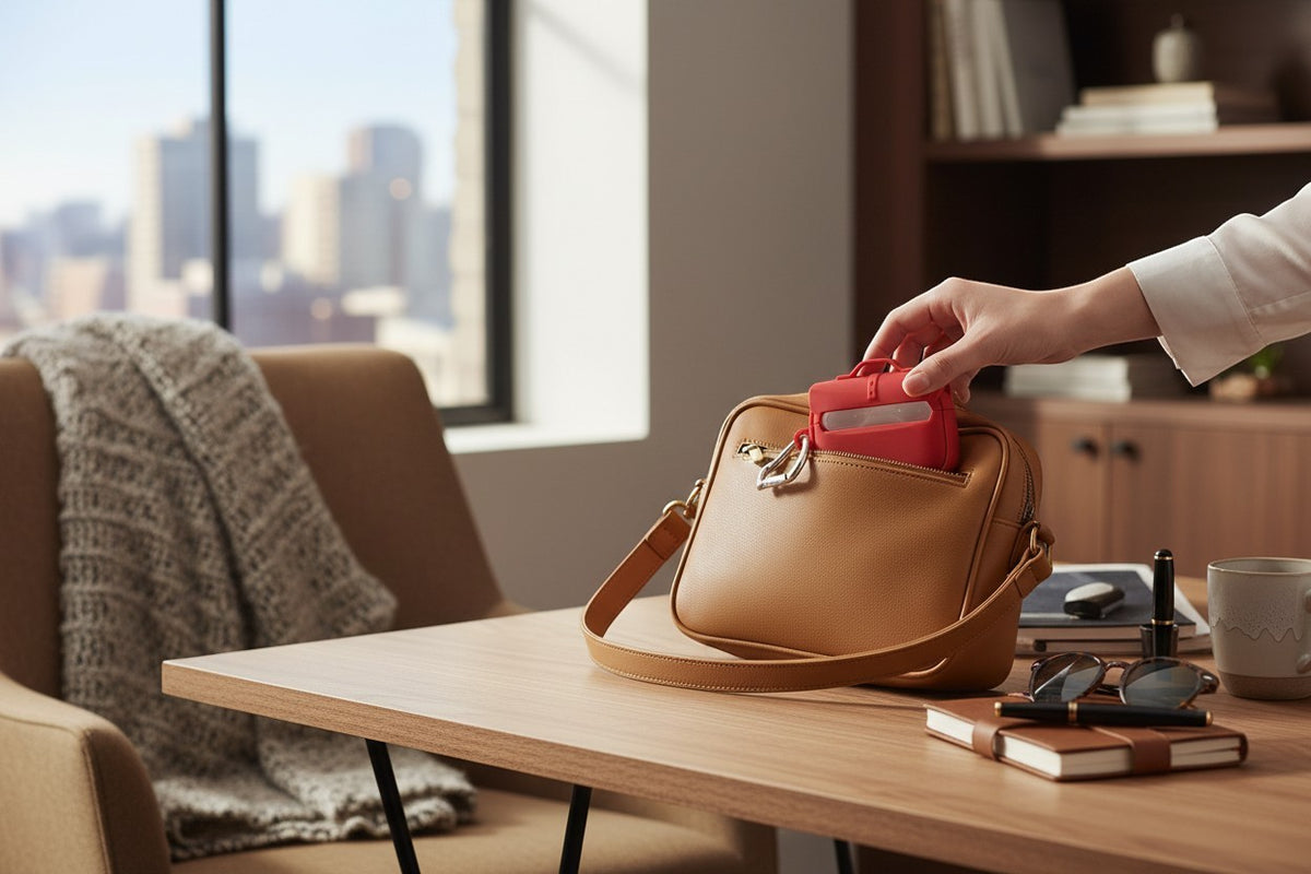 Prism Collective red Spiderman AirPods Pro case being placed into a tan leather handbag on a wooden desk
