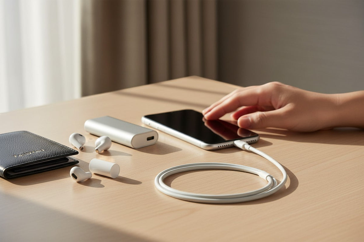 Prism Collective white Lightning cable charging an iPhone on a wooden desk with a power bank and wireless earbuds