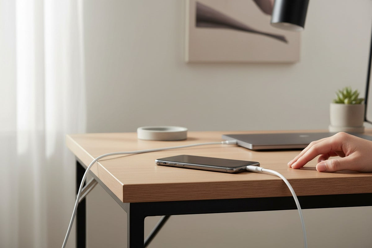 Prism Collective white USB-C charging cable connected to a smartphone on a wooden desk